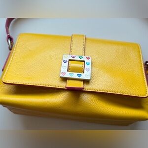 Rare Vtg Dooney Bourke Yellow Leather Bag Enamel Hearts Buckle Y2K Shoulder Bag